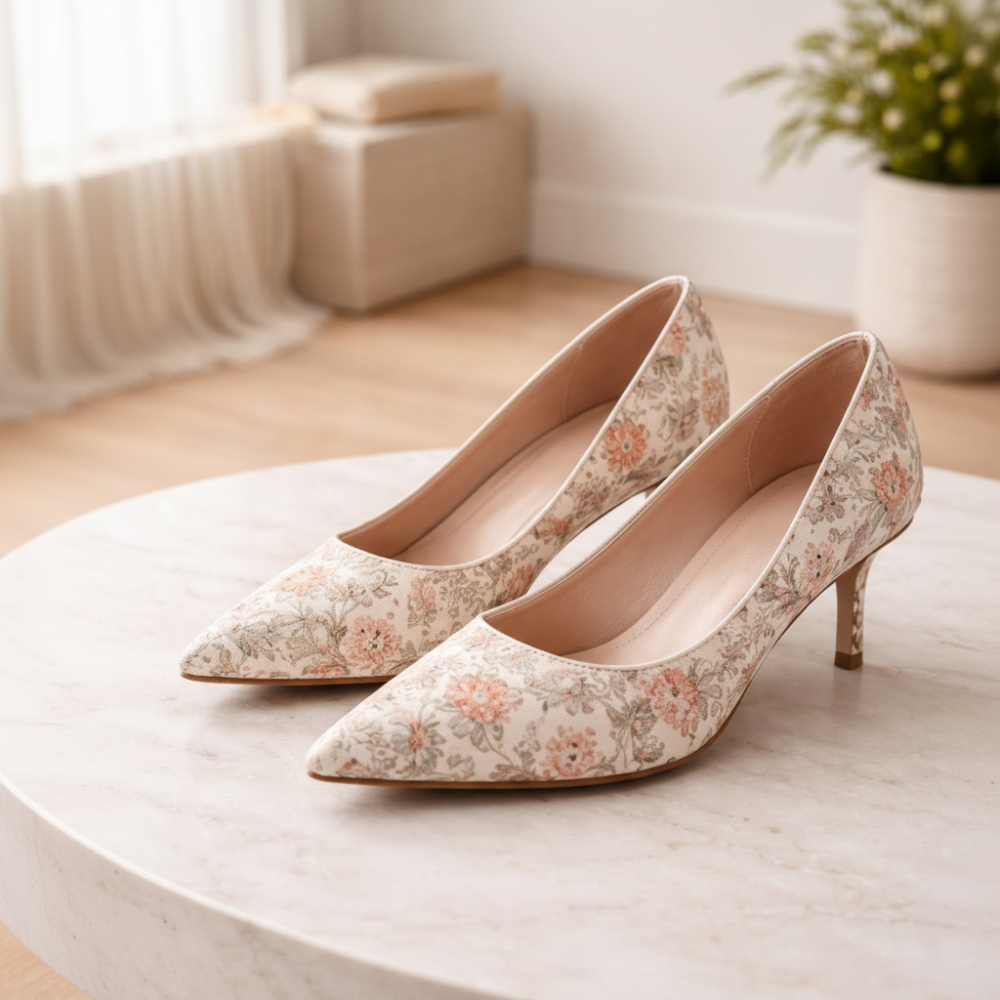 Beige Floral Fabric Pumps