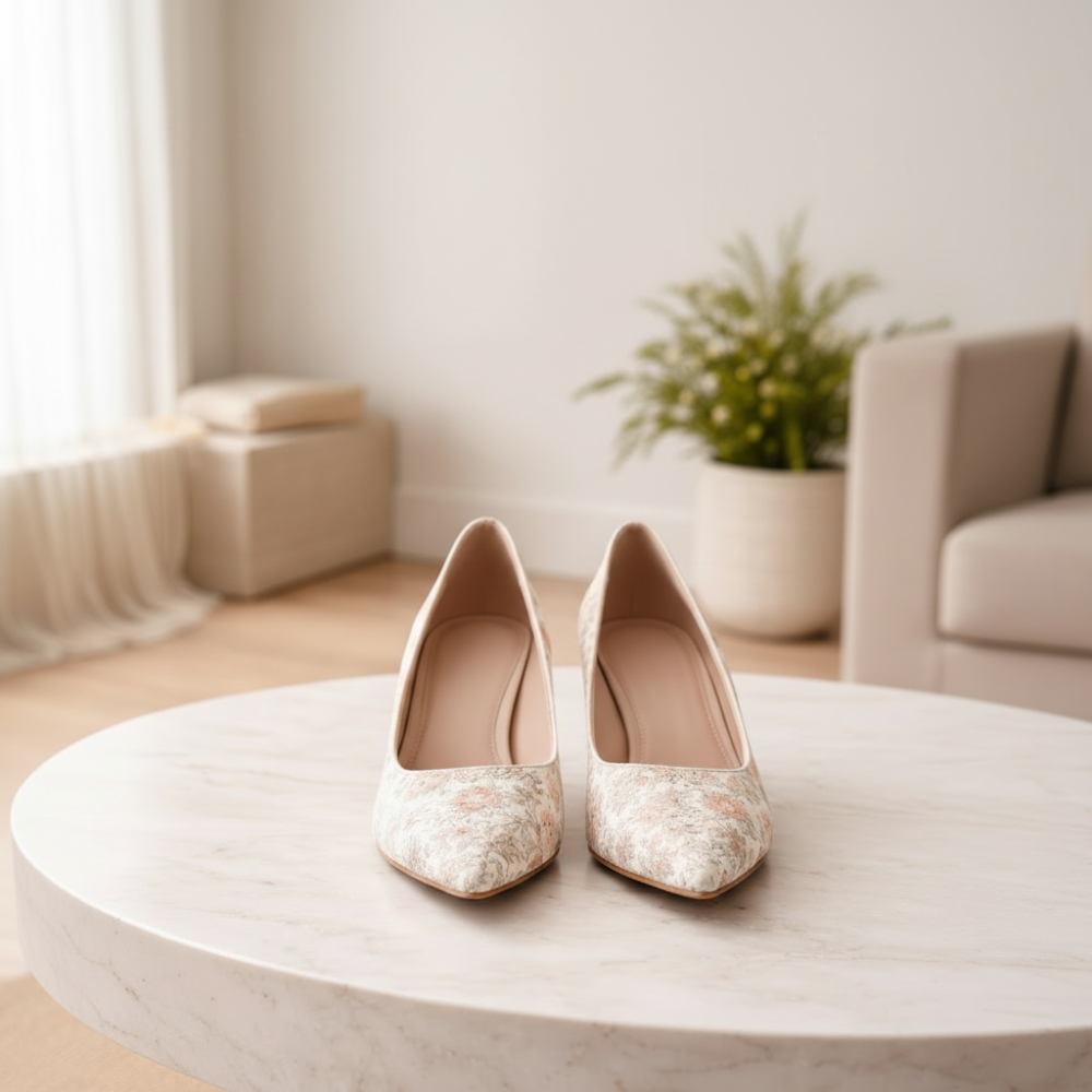 Beige Floral Fabric Pumps